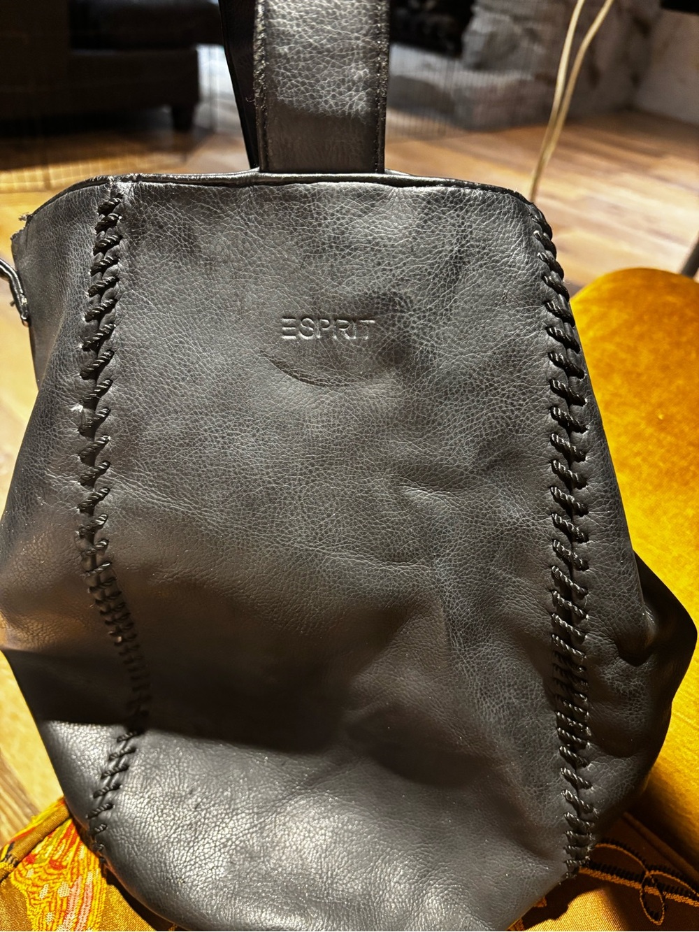 Esprit Black Leather Backpack with Whipstitch Detail
